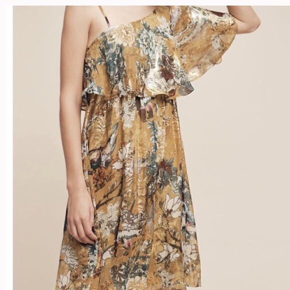 Hemant & Nandita NWT One Shoulder Ruffle Green & Gold Overlay with Floral Print - Picture 1 of 9